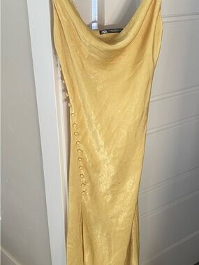 Zara Pastel Yellow Satin Cowl-Neck Slip Dress